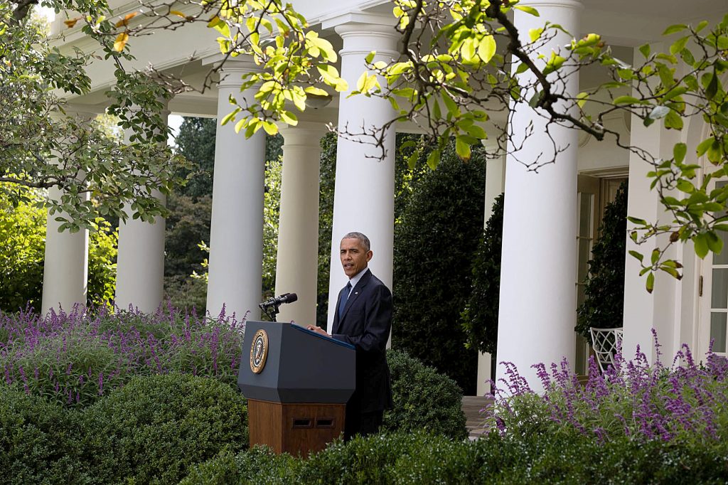 President Barack Obama delivers a statement regarding the Paris Agreement on climate change, in the Rose Garden of the White House, Oct. 5, 2016. (Official White House Photo by Chuck Kennedy)